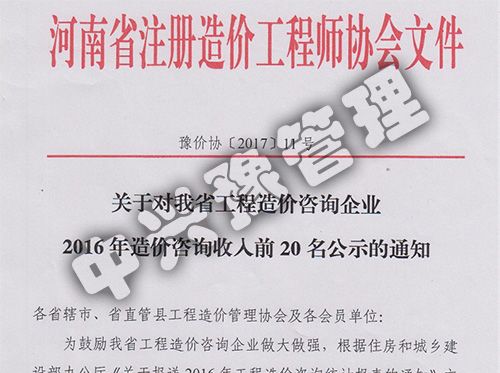 河南省工程造價(jià)咨詢(xún)企業(yè)收入20強(qiáng)